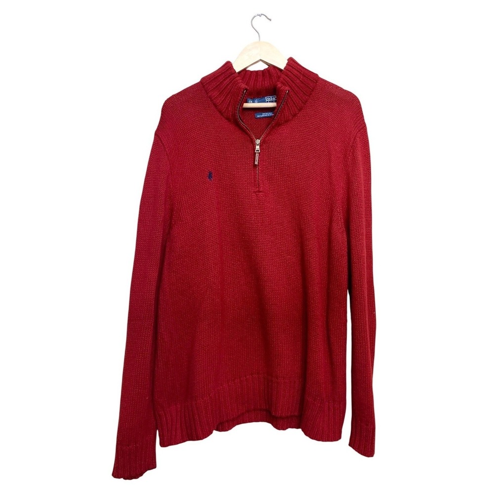 Polo Ralph‎ Lauren Mens XL Red 100% Cotton Quarter Zip Shaker Knit Sweater